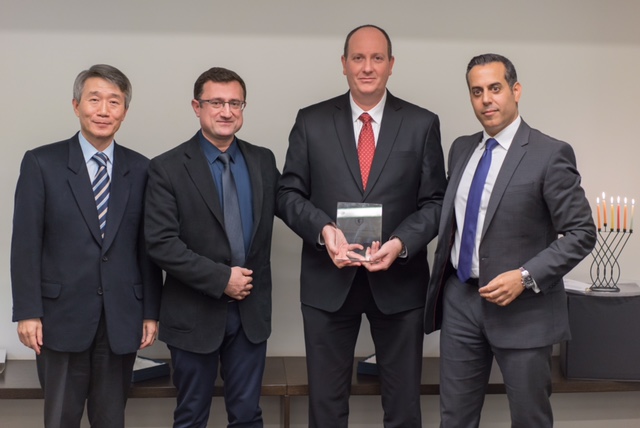 Ran Kril, Executive Vice President, International Marketing &amp; Business Development accepting the Excellence and Leadership Award from Adv. Ami h. Orkaby, president of the Israel-Korea Chamber of Commerce, H.E Mr. Lee Gun Tae ambassador of the Republic of Korea to Israel and MK Robert Ilatov, Chairperson of the Israel- Korea Inter-Parliamentary Friendship Group.