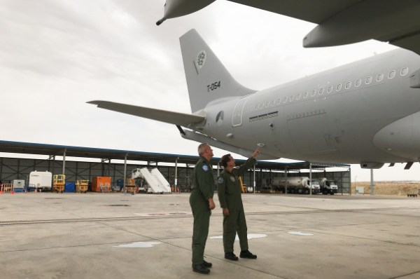 Pilots from NATO Airbus A330 MRTT fleet inspecting the Elbit J-MUSIC DIRCM turret. Credit: NSPA